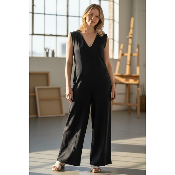 Free People Pants - Free People FP Beach Wide Leg Romper Jumpsuit Ribbed  Black Pockets Oversized
